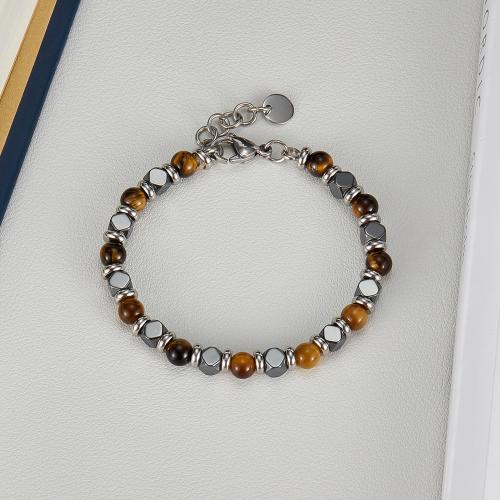 Edelstahl Schmuck Armband, 304 Edelstahl, mit Tigerauge & Hämatit, mit Verlängerungskettchen von 2.5CM, silberfarben plattiert, für den Menschen, gemischte Farben, Länge 18.5 cm, verkauft von PC