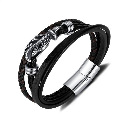 Pulseras de Cordón de PU, acero inoxidable 304, con Imán & Cuero de PU, chapado en color de plata, multicapa & para hombre, Negro, longitud:20.5 cm, Vendido por UD