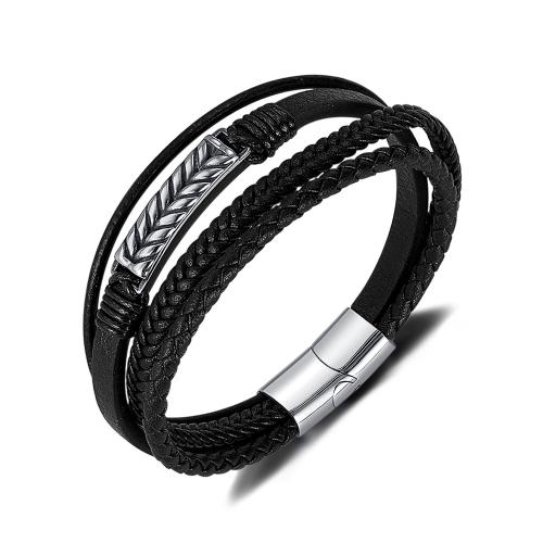 PU Leather Cord Bracelets, 304 Stainless Steel, with Magnet & PU Leather, silver color plated, multilayer & for man, black, Length:21 cm, Sold By PC