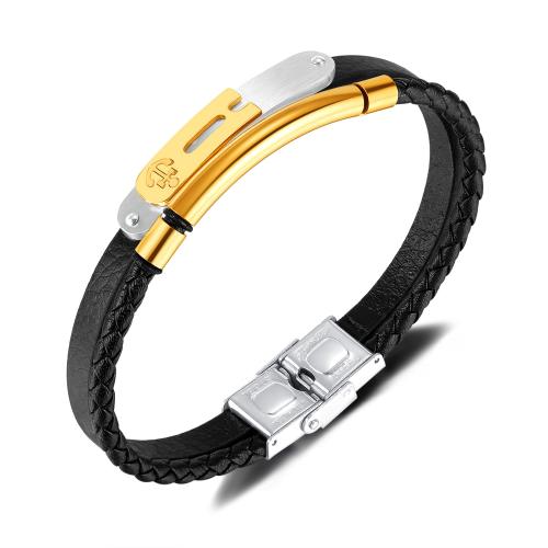 Bracelets cordon PU, Acier inoxydable 304, avec cuir PU, Placage, pour homme, noire, Longueur:21 cm, Vendu par PC