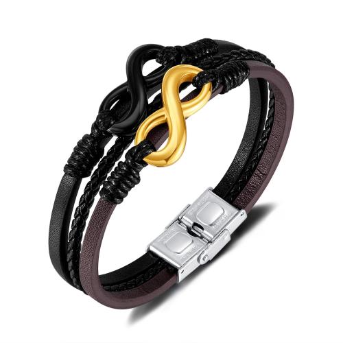 PU Leather Cord Bracelets, 304 Stainless Steel, with PU Leather, Infinity, plated, multilayer & for man, mixed colors, Length:20 cm, Sold By PC