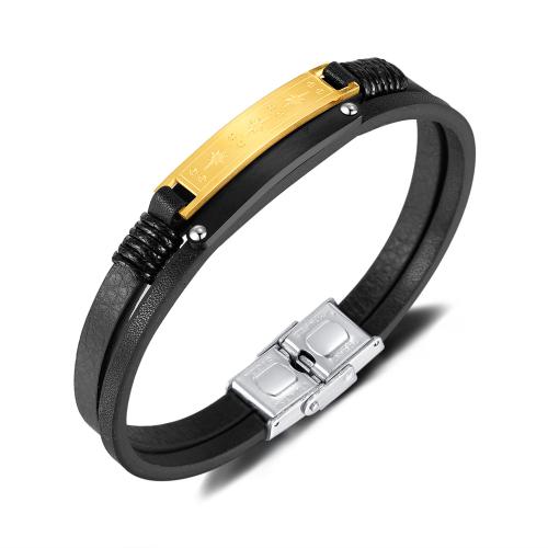 PU Leather Cord Bracelets, 304 Stainless Steel, with PU Leather, plated, Double Layer & for man, black, Length:21 cm, Sold By PC