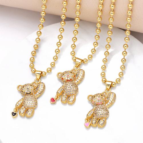 Cubic Zircon Micro Pave Brass Necklace with 5cm extender chain Bear gold color plated fashion jewelry & micro pave cubic zirconia & enamel nickel lead & cadmium free Length 41 cm Sold By PC