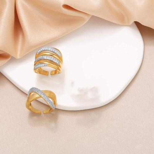 Cubic Zirconia Micro Pave Brass Ring gold color plated fashion jewelry & micro pave cubic zirconia golden nickel lead & cadmium free Sold By PC