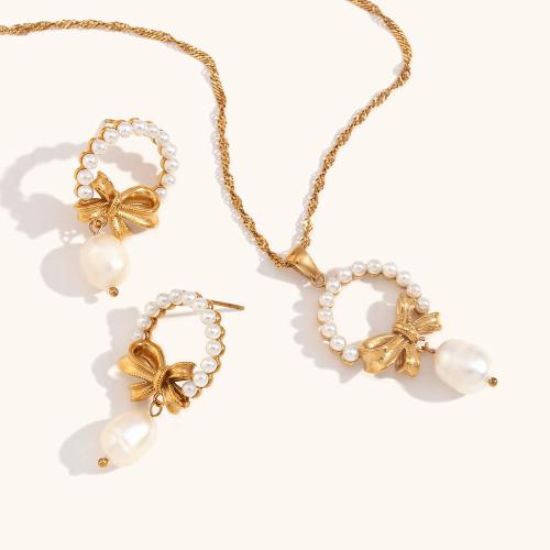 Fashion Stainless Steel Jewelry Sets 304 Stainless Steel with Plastic Pearl gold color plated fashion jewelry golden Sold By PC