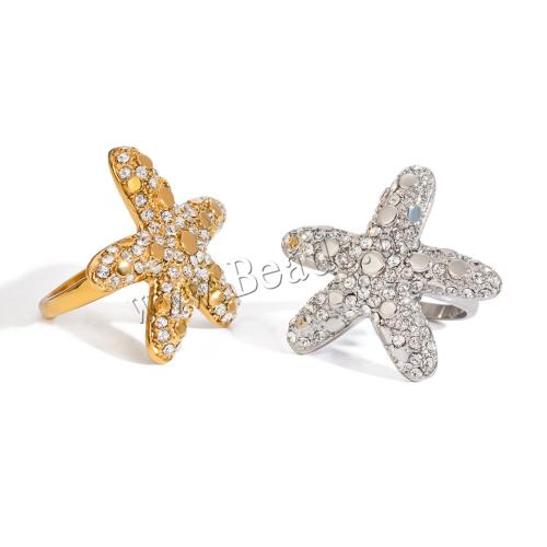 Rhinestone Stainless Steel Finger Ring, 304 Stainless Steel, Starfish, plated, fashion jewelry & different size for choice & for woman & with rhinestone, more colors for choice, Sold By PC