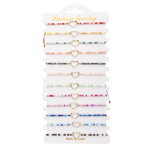 Seedbead Set de bracelet, avec Cordon de noeud & alliage de zinc, fait à la main, bijoux de mode & pour femme & creux, couleurs mélangées, Longueur 16-26 cm, 12PC/fixé, Vendu par fixé