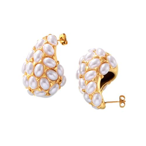 Boucle d'oreille Acier Titane, avec perle de plastique, larme, Plaqué or 18K, bijoux de mode & pour femme, Vendu par paire