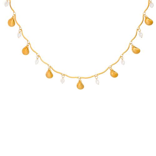 Collier d'acier titane, avec perle d'eau douce cultivée, avec 5cm chaînes de rallonge, Plaqué or 18K, bijoux de mode & styles différents pour le choix & pour femme, Longueur:Environ 40 cm, Vendu par PC