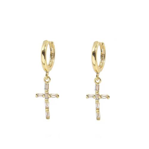 Huggie Hoop Drop Earring Brass Cross plated micro pave cubic zirconia & for woman Sold By Pair