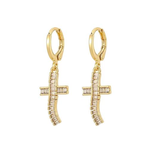 Huggie Hoop Drop Earring, Brass, Cross, plated, micro pave cubic zirconia & for woman, golden, Sold By Pair