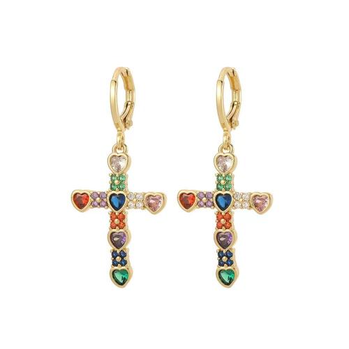 Boucle d’oreille goutte strass Hoop, laiton, croix, Placage, pavé de micro zircon & pour femme, plus de couleurs à choisir, Vendu par paire