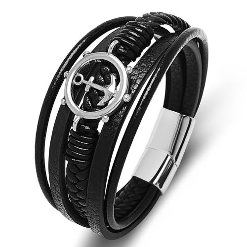 PU Leather Cord Bracelets, 304 Stainless Steel, with Microfiber PU, polished, Unisex & different size for choice, black, Sold By PC