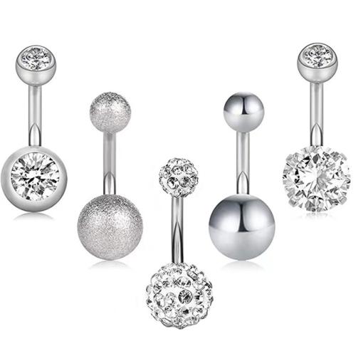 Stainless Steel Belly Ring, 304 Stainless Steel, 5 pieces & Unisex & micro pave cubic zirconia, silver color, Sold By Set