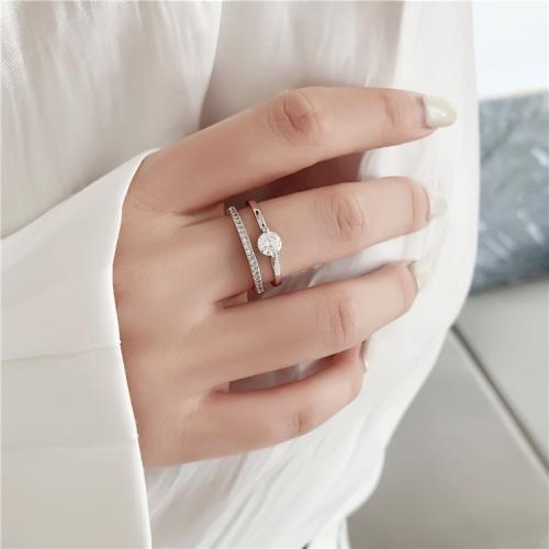 Brass Finger Ring, with Cubic Zirconia, silver color plated, Adjustable & for woman, nickel, lead & cadmium free, inner diameter:17~20mm, Sold By PC