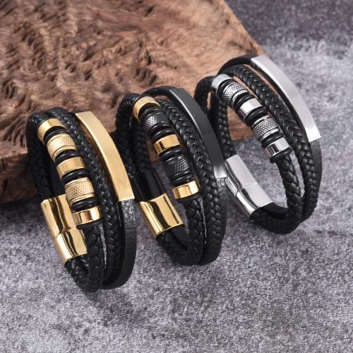 PU Leather Cord Bracelets 316 Stainless Steel with PU Leather Vacuum Ion Plating three layers & Unisex Sold By PC