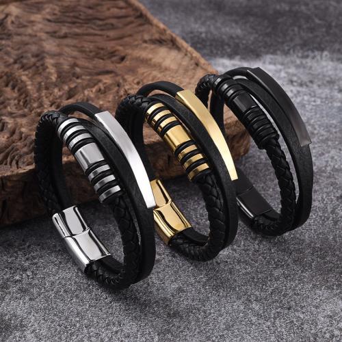 PU Leather Cord Bracelets, 316 Stainless Steel, with Magnet & PU Leather, Vacuum Ion Plating, three layers & different size for choice & for man, more colors for choice, Sold By PC