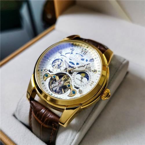 Zinc Alloy Watch Bracelet with Leather & Glass & 304 Stainless Steel Round plated Chinese movement & stem-winder & for man & luminated Sold By PC