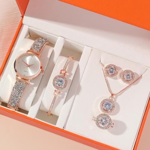 lega in zinco set di gioielli fashion, Orecchino a bottone & orologio & anello dito & Bracciale & Collana, with vetro & 304 acciaio inox, placcato, 5 pezzi & per la donna & con strass, nessuno, watch length 24cm, bracelet length 16-18cm, necklace length 40-45cm, Misura:7, Venduto da set