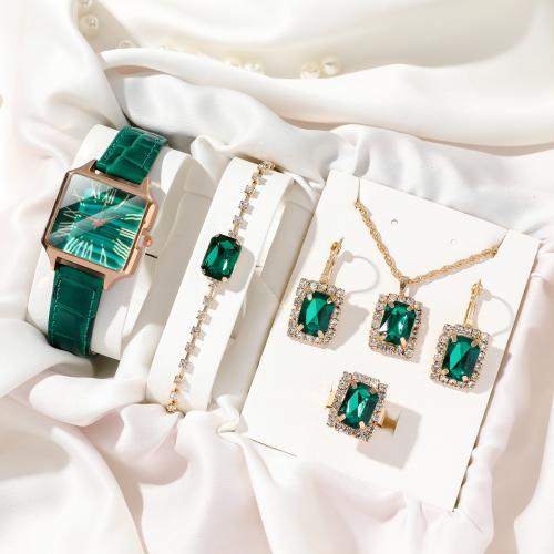 Tibetan Style Jewelry Set, watch & finger ring & bracelet & earring & necklace, with PU Leather & Glass & 304 Stainless Steel, Geometrical Pattern, plated, for woman & with rhinestone, green, watch length 20-24cm, bracelet length 16-18cm, necklace length 40-45cm, US Ring Size:7, Sold By Set