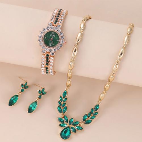 Zinklegierung Mode Schmuckset, Uhr & Ohrring & Halskette, mit Glas & 304 Edelstahl, plattiert, drei Stücke & für Frau & mit Strass, watch length 20-24cm, necklace length 40-45cm, verkauft von setzen