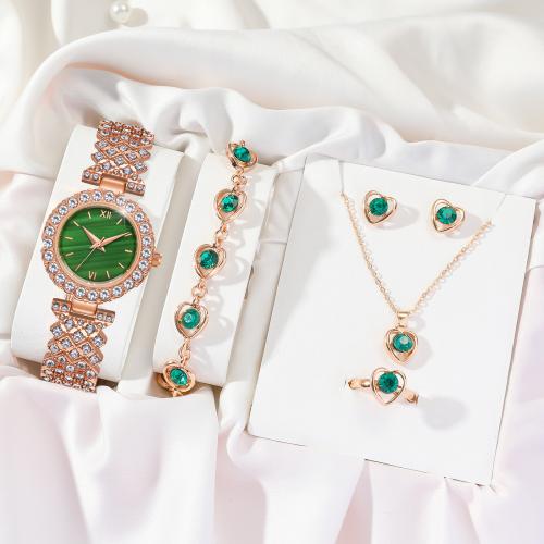 Tibetan Style Jewelry Set, with Glass & 304 Stainless Steel, Heart, plated, 5 pieces & for woman & with rhinestone, more colors for choice, watch length 19.5cm, bracelet length 16-18cm, necklace length 40-45cm, Sold By Set