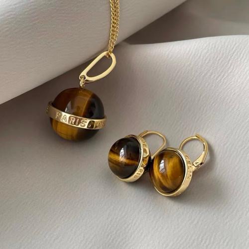 Brass Jewelry Set, with Tiger Eye, fashion jewelry & different styles for choice & for woman, golden, Length:Approx 45 cm, Sold By PC