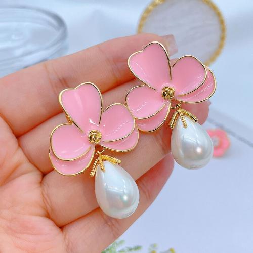 Brass Stud Earring, with Plastic Pearl, fashion jewelry & for woman & enamel, more colors for choice, 42x29mm, Sold By Pair