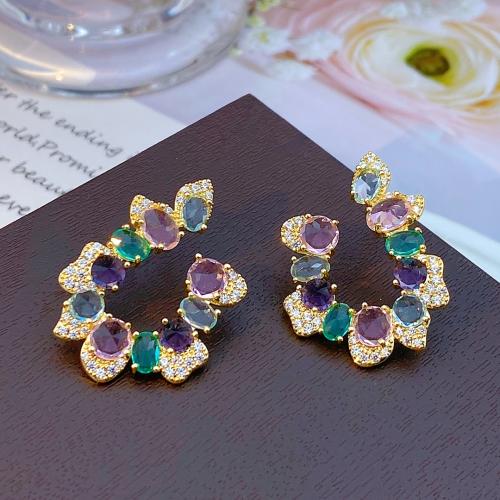 Boucles d'oreilles en laiton zircon cubique pavent, bijoux de mode & pavé de micro zircon & pour femme, multicolore, 32x25mm, Vendu par paire