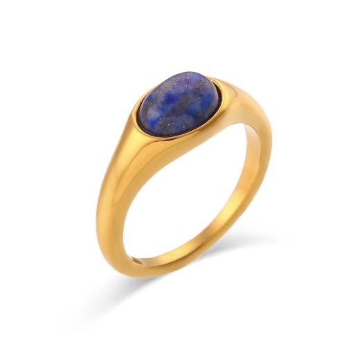 Stainless Steel Finger Ring, 304 Stainless Steel, with Lapis Lazuli, fashion jewelry & different size for choice & for woman, golden, Sold By PC