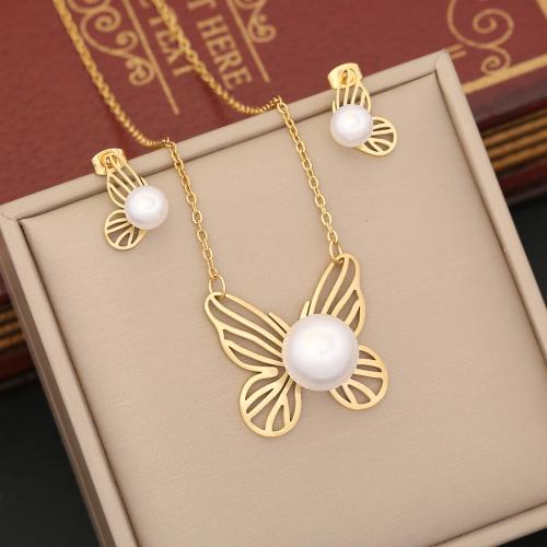 Fashion Stainless Steel Jewelry Sets, 304 Stainless Steel, with Plastic Pearl, with 5cm extender chain, fashion jewelry & different styles for choice & for woman, golden, Length:Approx 40 cm, Sold By PC