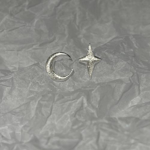 925 Sterling Silver Stud Earrings, Moon and Star, fashion jewelry & for woman, Moon:0.8x1.2cm; Stars:0.9cm, Sold By Pair