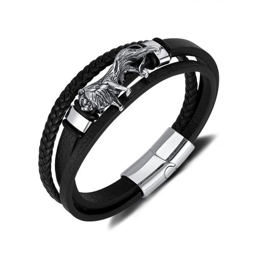 PU Leather Cord Bracelets, 304 Stainless Steel, with Magnet & PU Leather, silver color plated, Double Layer & for man, black, Length:21.5 cm, Sold By PC