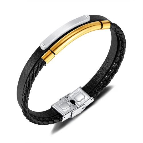 PU Leather Cord Bracelets 304 Stainless Steel with PU Leather plated Double Layer & for man black Length 21 cm Sold By PC