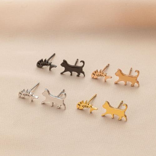 Asymmetric Earrings, 304 Stainless Steel, Cat, plated, for woman, more colors for choice, 12Pairs/Bag, Sold By Bag