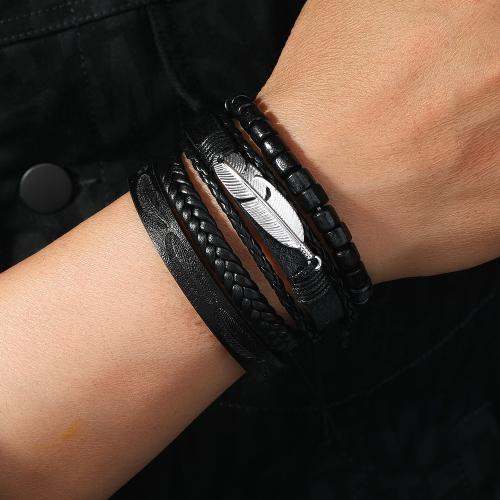 PU Leather Cord Bracelets, Tibetan Style, with PU Leather & Elastic Thread & Wax Cord & Wood, plated, multilayer & for man, more colors for choice, nickel, lead & cadmium free, Sold By PC