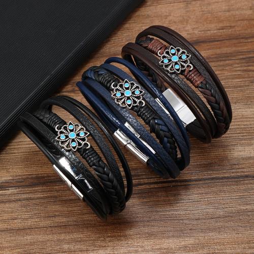 PU Leather Cord Bracelets Zinc Alloy with PU Leather & Wax Cord plated multilayer & for man nickel lead & cadmium free Sold By PC