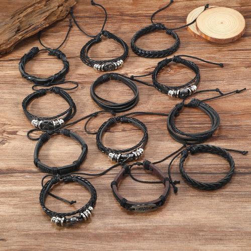 PU Leather Cord Bracelets, Tibetan Style, with PU Leather & Wax Cord, plated, multilayer & for man, more colors for choice, nickel, lead & cadmium free, Length:18-23 cm, 24PC/Set, Sold By Set