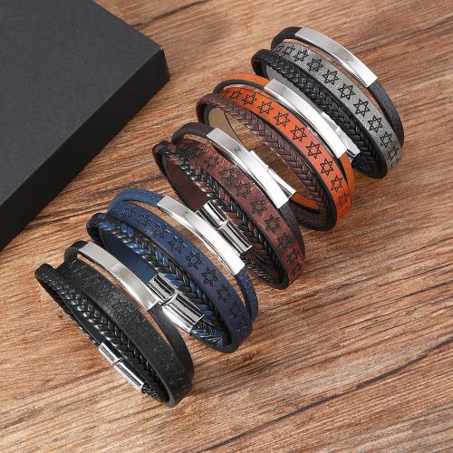 PU Leather Cord Bracelets, Tibetan Style, with PU Leather & Wax Cord, plated, three layers & for man, more colors for choice, nickel, lead & cadmium free, Length:21.5 cm, Sold By PC