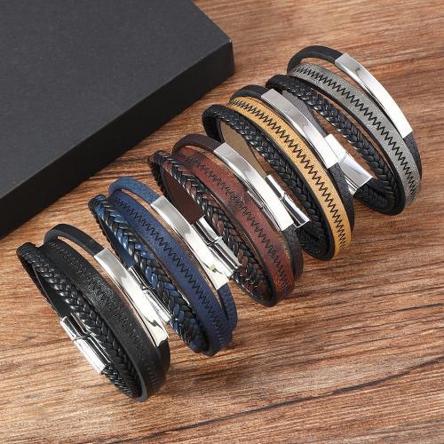 PU Leather Cord Bracelets, Tibetan Style, with Magnet & PU Leather & Wax Cord, plated, three layers & for man, more colors for choice, nickel, lead & cadmium free, Length:21.5 cm, Sold By PC