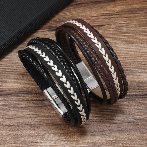 PU Leather Cord Bracelets, Tibetan Style, with PU Leather & Wax Cord, plated, multilayer & for man, more colors for choice, nickel, lead & cadmium free, Length:21.5 cm, Sold By PC