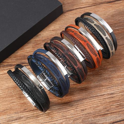 Pulseras de Cordón de PU, aleación de zinc, con Cuero de PU & Cordón de cera, chapado, tres capas & para hombre, más colores para la opción, libre de níquel, plomo & cadmio, longitud:21.5 cm, Vendido por UD