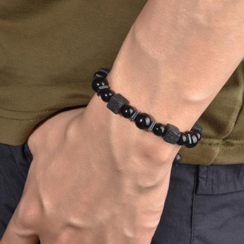 Gemstone Bracelets, Lava, with Obsidian, Adjustable & for man, black, Sold By PC