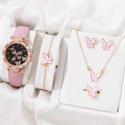 Tibetan Style Jewelry Set, with PU Leather & Glass & 304 Stainless Steel, Butterfly, plated, different styles for choice & for woman & enamel & with rhinestone, watch length 18-24cm, bracelet length 16-18cm, necklace length 40-45cm, Sold By Set