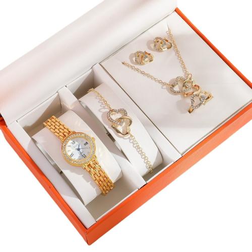 Tibetan Style Jewelry Set, Stud Earring & watch & finger ring & bracelet & necklace, with Glass & 304 Stainless Steel, Heart, plated, 5 pieces & for woman & with rhinestone & hollow, more colors for choice, watch length 18-24cm, bracelet length 16-18cm, necklace length 40-45cm, US Ring Size:7, Sold By Set