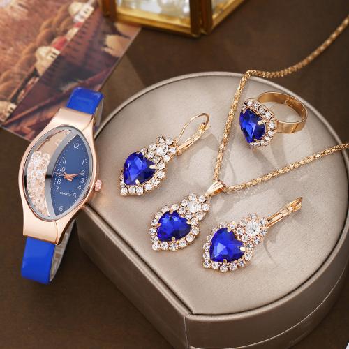 Tibetan Style Jewelry Set, with PU Leather & Glass & 304 Stainless Steel, Heart, plated, different styles for choice & for woman & with rhinestone, more colors for choice, watch length 23cm, bracelet length 16-18cm, necklace length 40-45cm, US Ring Size:7, Sold By Set