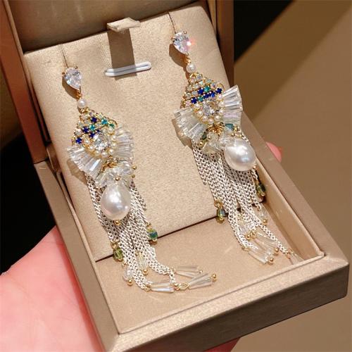 Fashion Fringe Earrings, Tibetan Style, with Plastic Pearl, fashion jewelry & for woman & with rhinestone, 98mm, Sold By Pair