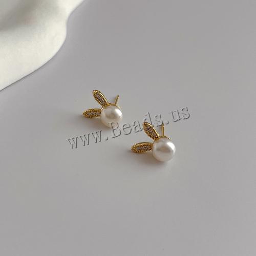 Brass Stud Earring with Plastic Pearl fashion jewelry & micro pave cubic zirconia & for woman golden Sold By Pair