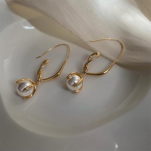 Tibetan Style Drop Earrings, with Plastic Pearl, fashion jewelry & for woman, golden, 62x17mm, Sold By Pair