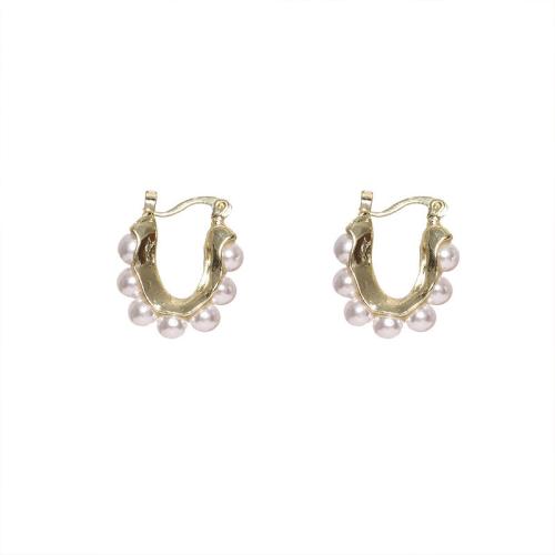 Zinc Alloy Oorbellen, met Plastic Pearl, mode sieraden & voor vrouw, gouden, 25x24mm, Verkocht door pair